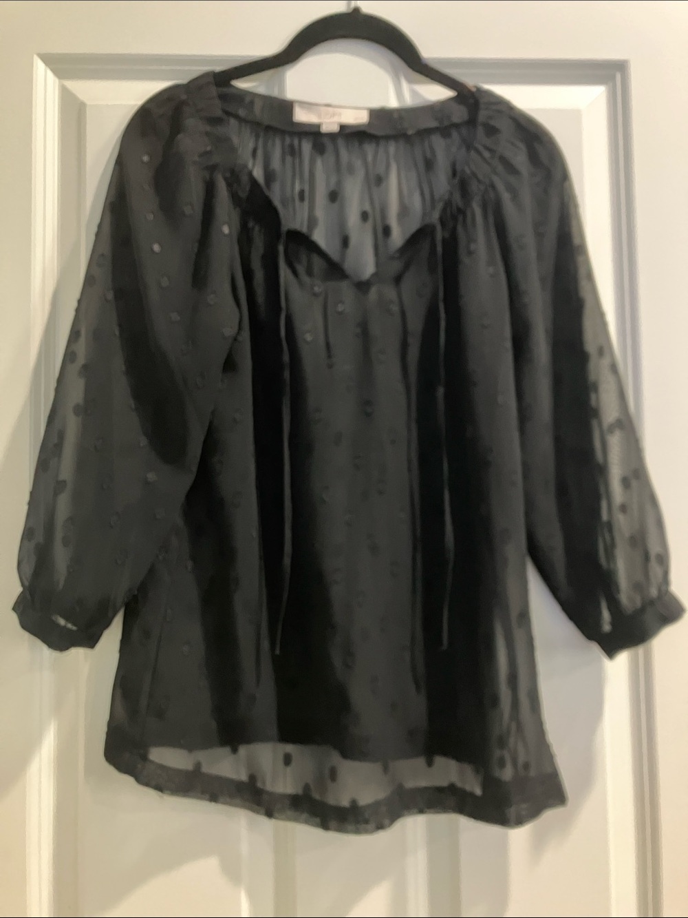 LOFT Black Semi-Sheer Dotted Tie-Neck Blouse